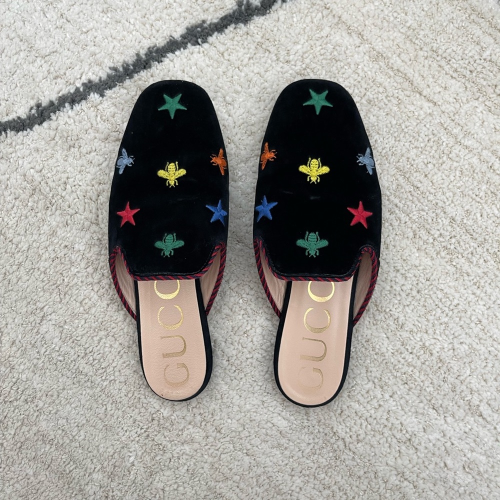 Gucci Black Velvet Printed Mule